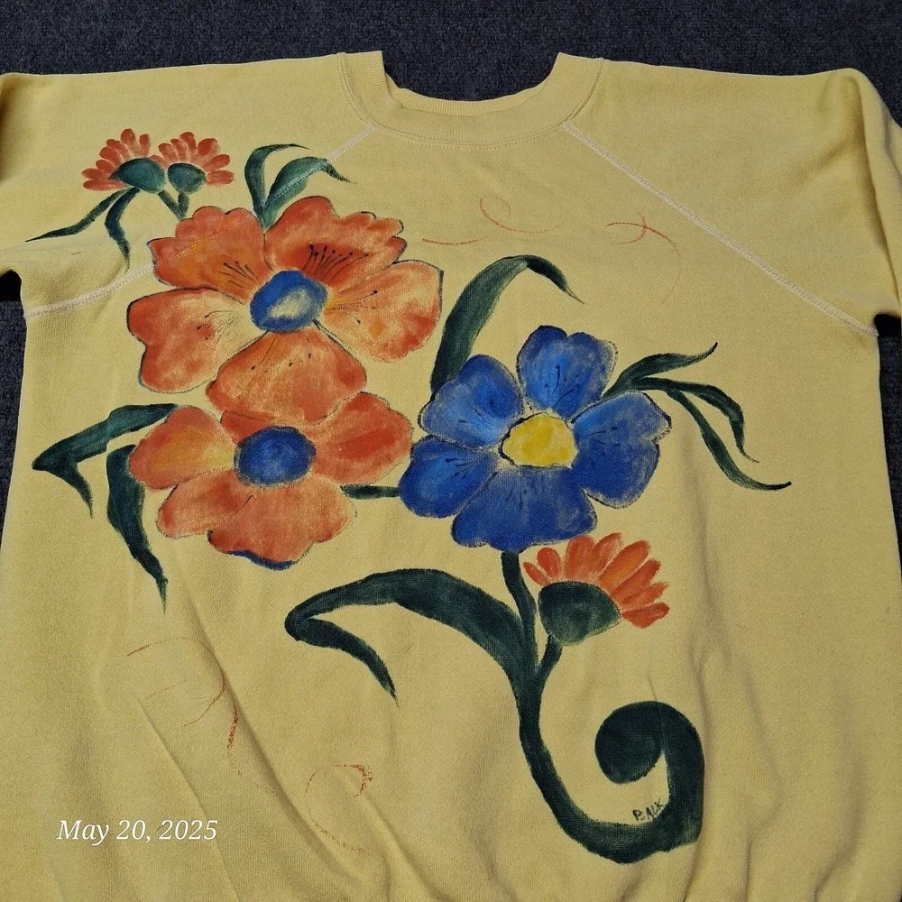 VTG Ultra Sweats Pannill Flower Painted‎ Sweatshirt Yellow Adult Size Large